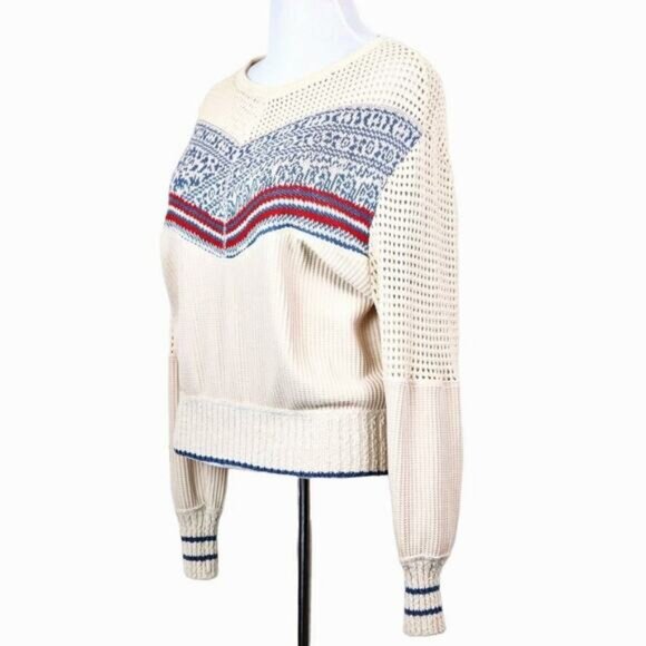 Free People Size M Geo Party Sweater Pullover Waffle Knit Ivory Blue Orange - Picture 1 of 11
